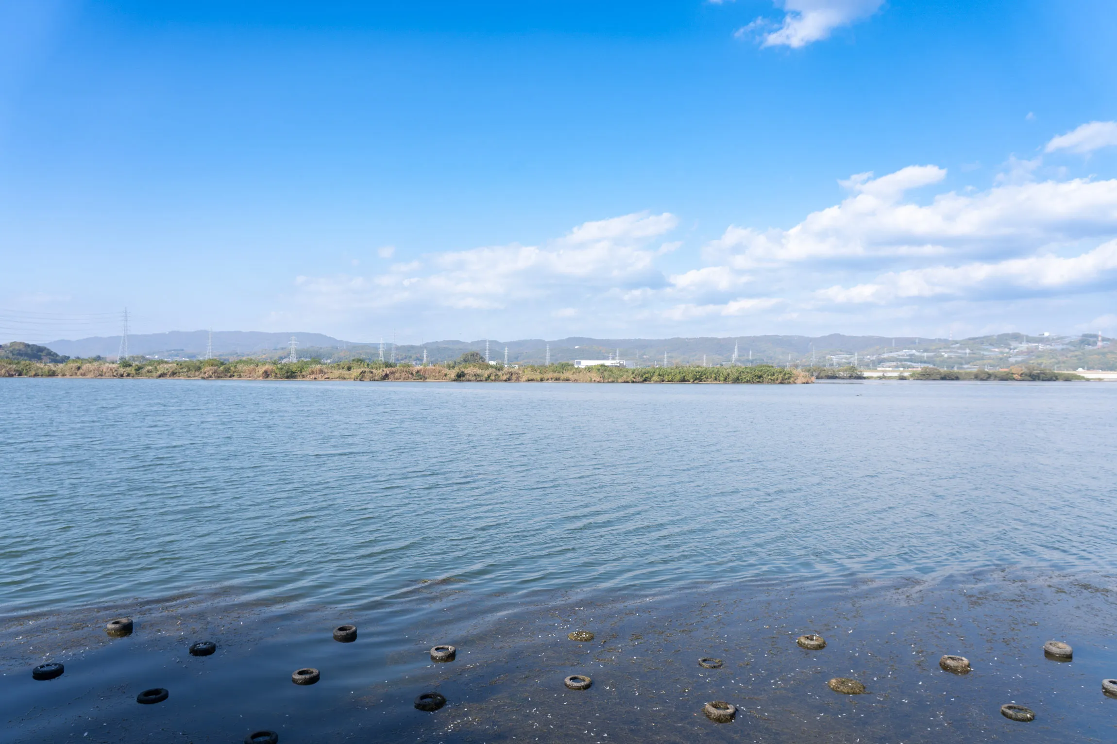 岡山県倉敷市の高梁川（奥: 玉島）